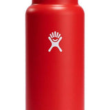 Hydro Flask - A red water bottle with a black lid, featuring a wide mouth opening and a white logo on the front.