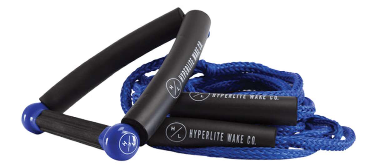 Hyperlite 25 Surf Rope w/Handle - Black rope with blue handle featuring a white logo and black grip.