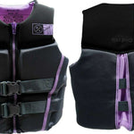 Hyperlite Women's Ambition CGA Wake Vest - A black life vest with purple accents and a zipper down the front.