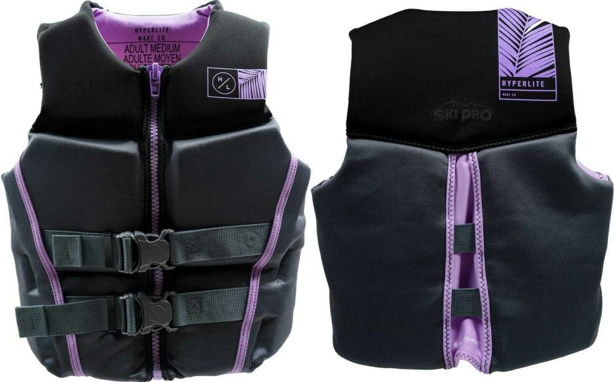 Hyperlite Women's Ambition CGA Wake Vest - A black life vest with purple accents and a zipper down the front.