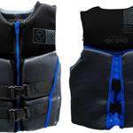 Hyperlite Prime CGA Wake Vest - A black life vest with blue accents, featuring a zipper down the front and two black buckles on the side.