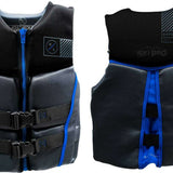 Hyperlite Prime CGA Wake Vest - A black life vest with blue accents, featuring a zipper down the front and two black buckles on the side.