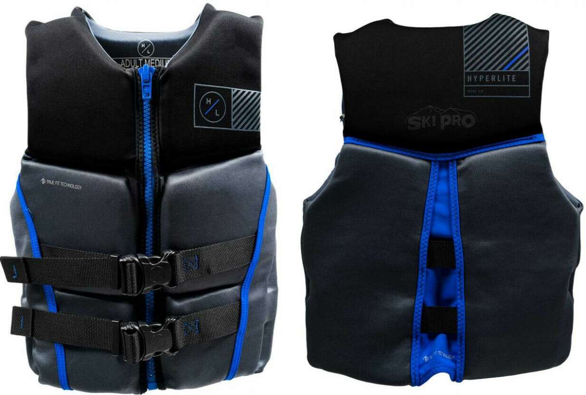 Hyperlite Prime CGA Wake Vest - A black life vest with blue accents, featuring a zipper down the front and two black buckles on the side.
