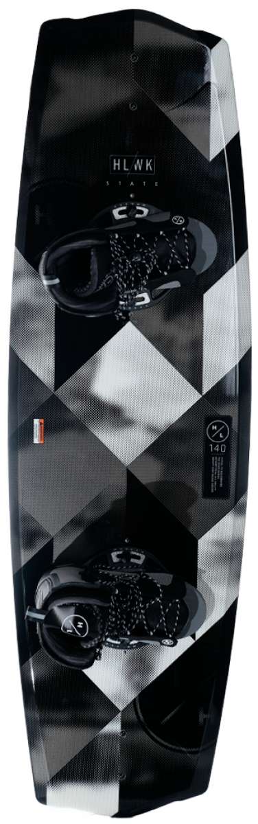 Hyperlite State Wakeboard With Remix Bindings SMU - 2022 model wakeboard with a black base and white geometric pattern.
