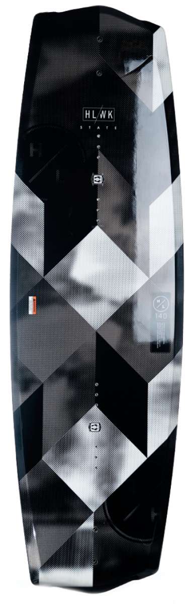 Hyperlite State Wakeboard With Remix Bindings SMU - 2022 model wakeboard with a black and white diamond pattern on its deck.