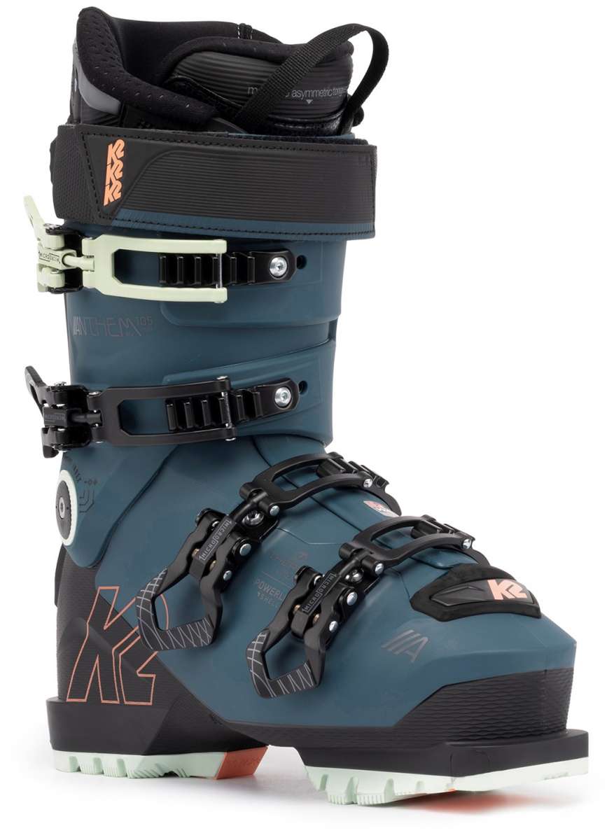 Blue K2 Anthem 105 MV Heat women's ski boot with white accents and a distinctive design.