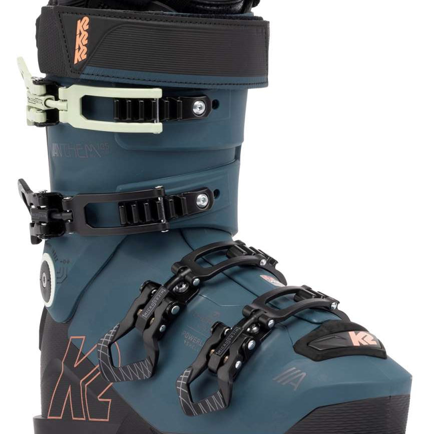 Blue K2 Anthem 105 MV Heat women's ski boot with white accents and a distinctive design.