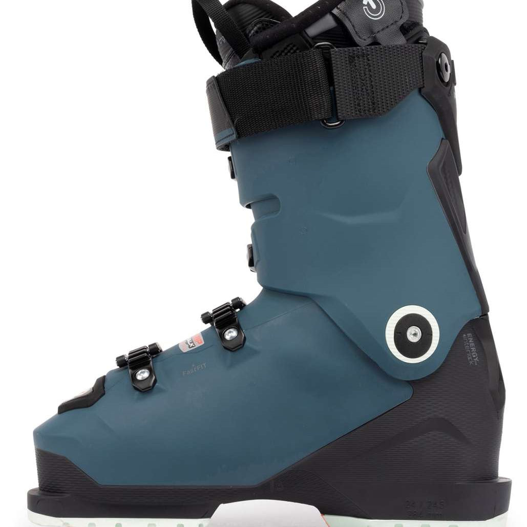 K2 Anthem 105 MV Heat women’s ski boot features a dark teal color with bright green and white accents.