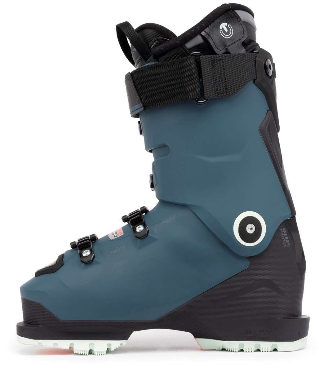 K2 Anthem 105 MV Heat women’s ski boot features a dark teal color with bright green and white accents.