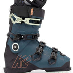 K2 Anthem 105 MV Heat women’s ski boot features a red and teal color scheme with a distinctive design.