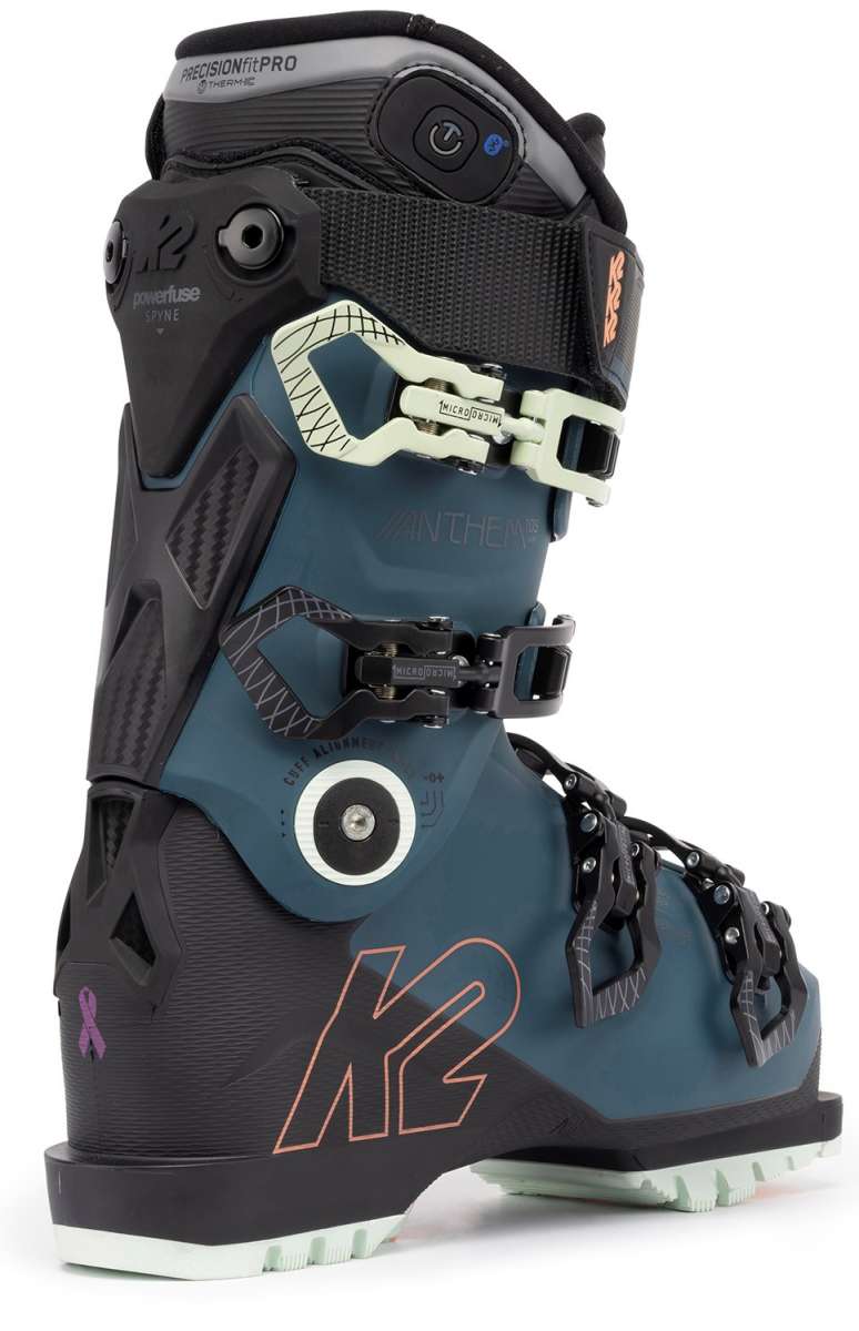 K2 Anthem 105 MV Heat women’s ski boot features a blue and white design with red accents.