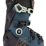 K2 Anthem 105 MV Heat women’s ski boot features a blue and white design with red accents.