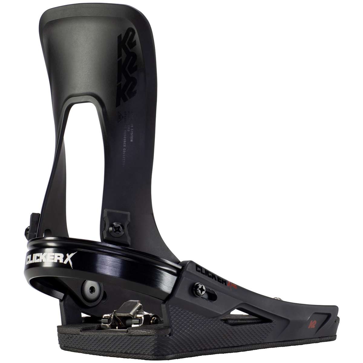 K2 Clicker X HB Snowboard Binding 2023 - A black snowboard binding with a white logo on the strap and silver screws.