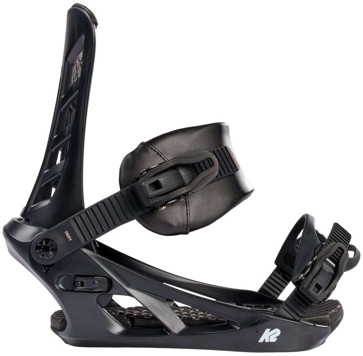 K2 Indy 2024 snowboard bindings feature a black base with gray straps.