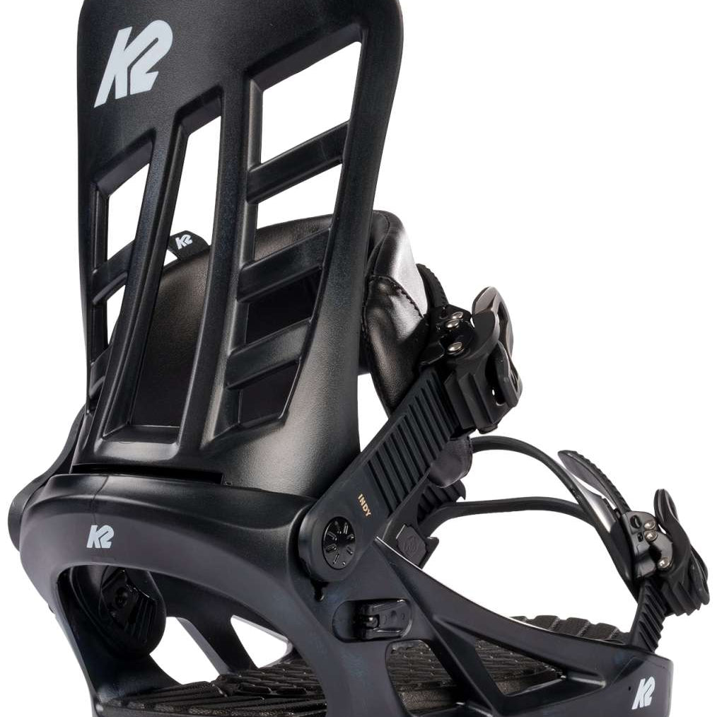 K2 Indy 2024 snowboard bindings feature a black design with red accents.