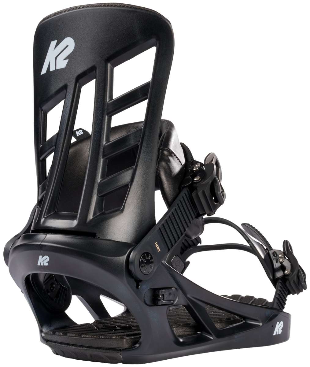 K2 Indy 2024 snowboard bindings feature a black design with red accents.