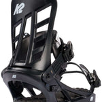 K2 Indy 2024 snowboard bindings feature a black design with red accents.