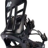 K2 Indy 2024 snowboard bindings feature a black design with red accents.