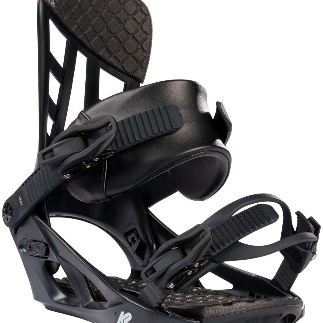K2 Indy 2024 snowboard bindings feature a black design with red accents.