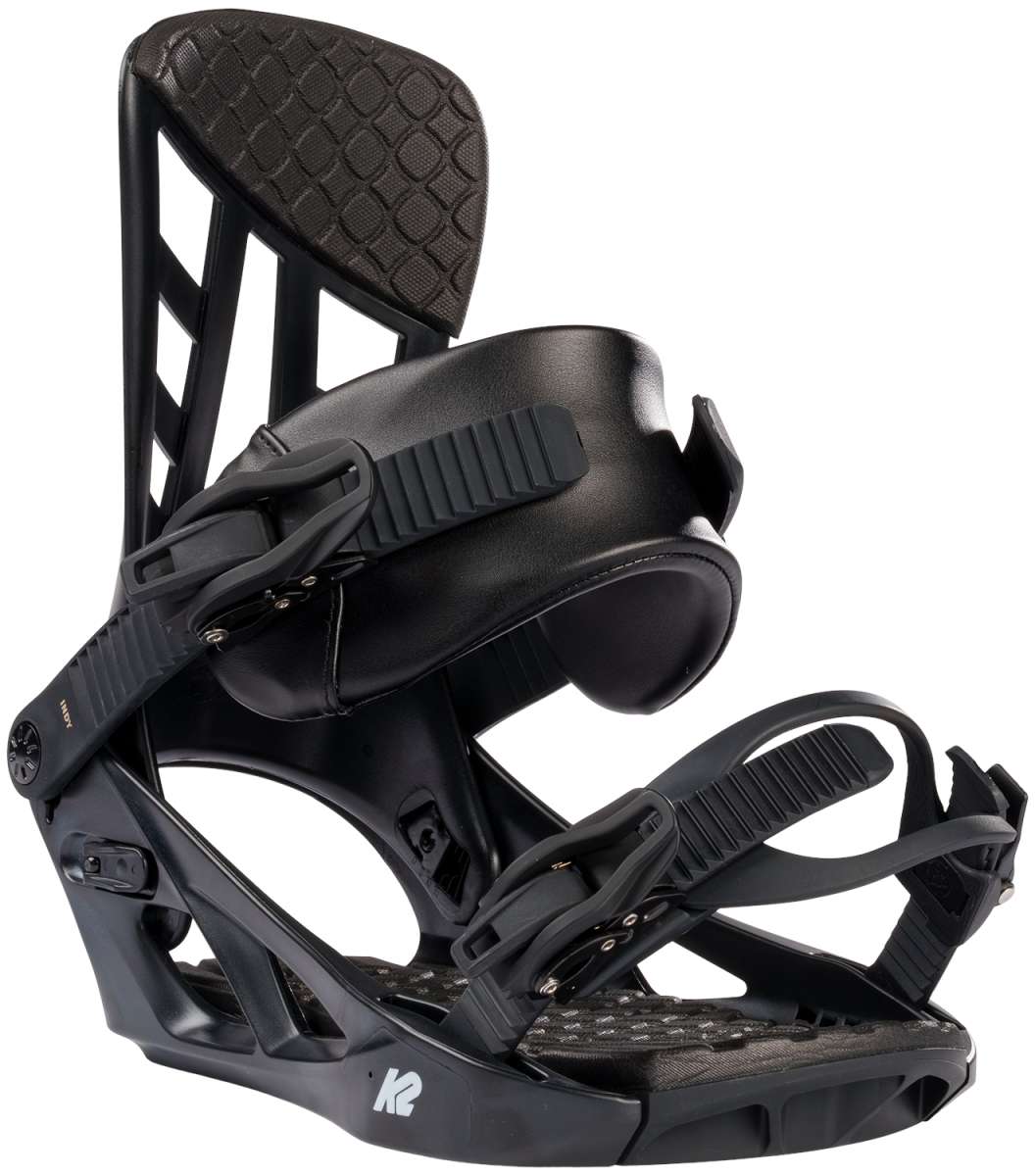 K2 Indy 2024 snowboard bindings feature a black design with red accents.
