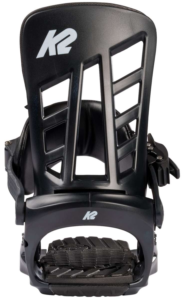 Black K2 Indy snowboard bindings feature a distinctive design and branding.