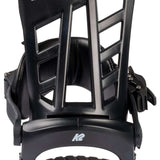 Black K2 Indy snowboard bindings feature a distinctive design and branding.