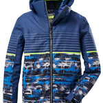 Killtec Boys Ski Allround Print Jacket 2022 - A navy blue jacket with a white and black abstract pattern on the bottom half, featuring horizontal stripes across the top half.
