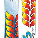 Lib Tech Jamie Lynn '96 Snowboard 2023 - A white snowboard with a blue logo and yellow, orange, and red abstract design on top of it.