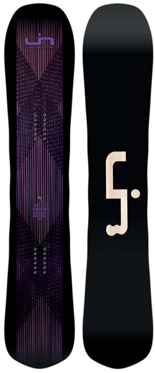 Lib Tech Cygnus BM Snowboard 2024 - A black snowboard with a purple logo and text on top, featuring a striped pattern in the background.