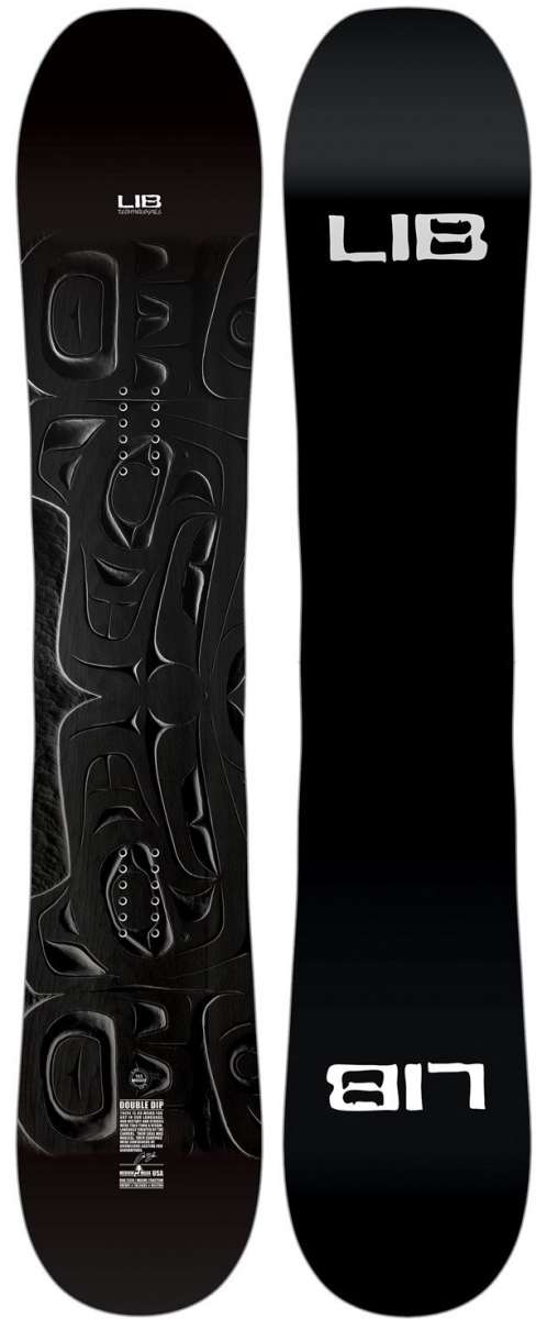 Lib Tech Double Dip Snowboard 2024 - A black snowboard with a carved design on its bottom, featuring a pair of lips and a tongue.