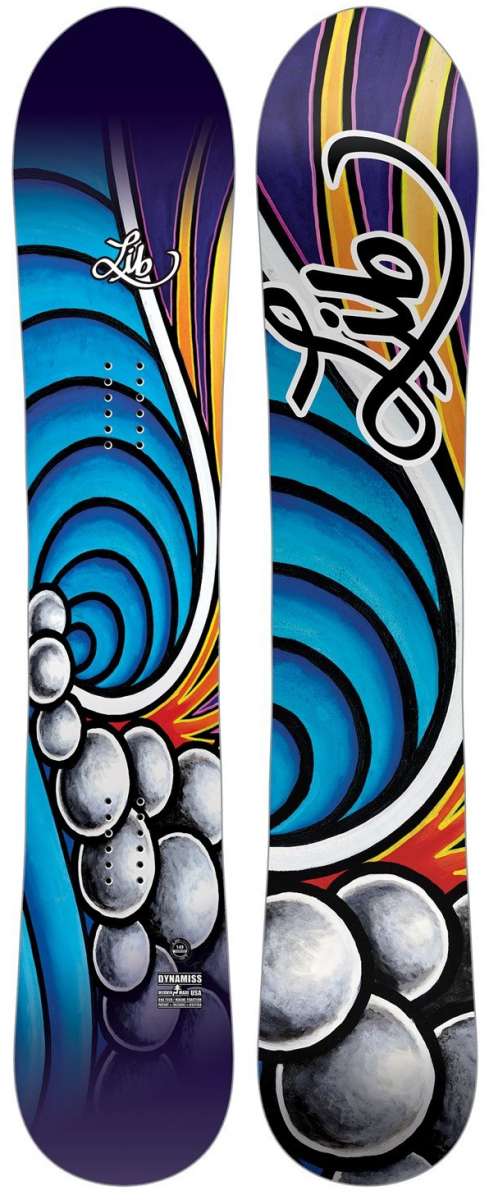 Lib Tech Women's Dynamiss C3 Snowboard 2024 - A snowboard with a blue and yellow striped pattern on its top side.