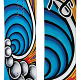 Lib Tech Women's Dynamiss C3 Snowboard 2024 - A snowboard with a blue and yellow striped pattern on its top side.