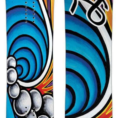 Lib Tech Women's Dynamiss C3 Snowboard 2024 - A snowboard with a blue and yellow striped pattern on its top side.
