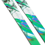 Line Women's Pandora 84 Skis 2024 - White skis with green and blue abstract design on top, black bindings at tip and tail.