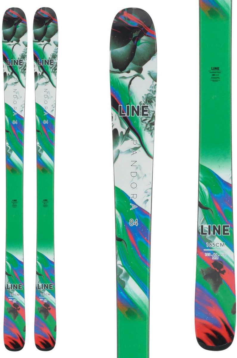 Line Women's Pandora 84 Skis 2024 - White skis with green, blue, and red abstract design.