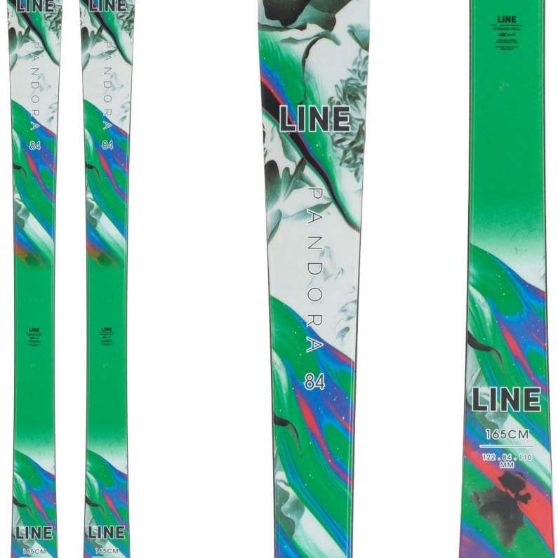 Line Women's Pandora 84 Skis 2024 - White skis with green, blue, and red abstract design.
