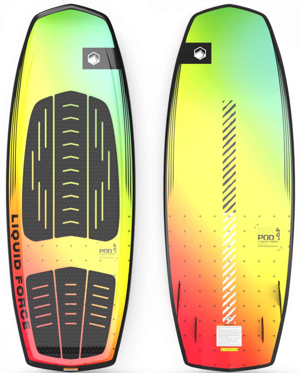 Liquid Force Pod Wakesurf Board 2023 - A wakesurf board with a black deck and yellow, green, red, and orange gradient coloring on its bottom.