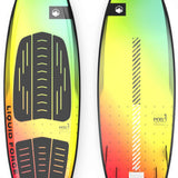 Liquid Force Pod Wakesurf Board 2023 - A wakesurf board with a black deck and yellow, green, red, and orange gradient coloring on its bottom.