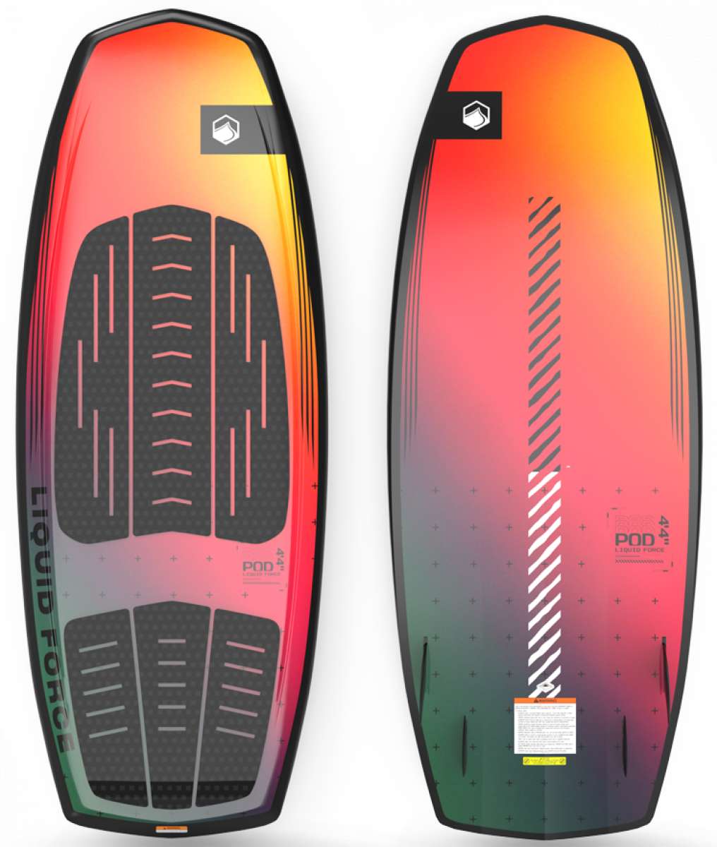 Liquid Force Pod Wakesurf Board 2023 - A wakesurf board with a sleek, aerodynamic design and a vibrant color scheme featuring shades of blue and yellow.