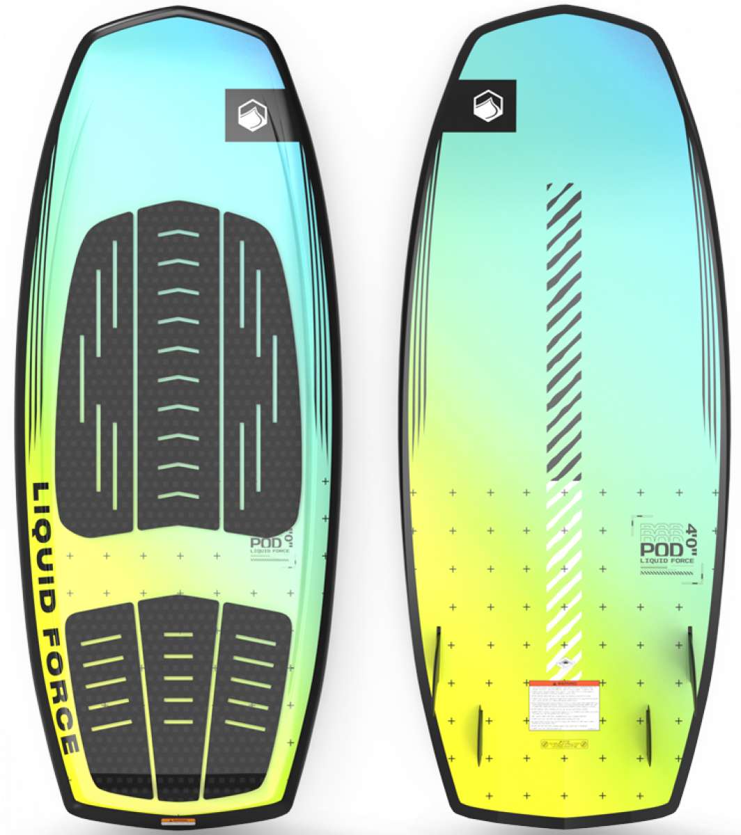 Liquid Force Pod Wakesurf Board 2023 - A blue-green wakesurf board with a black logo and white lettering on top.