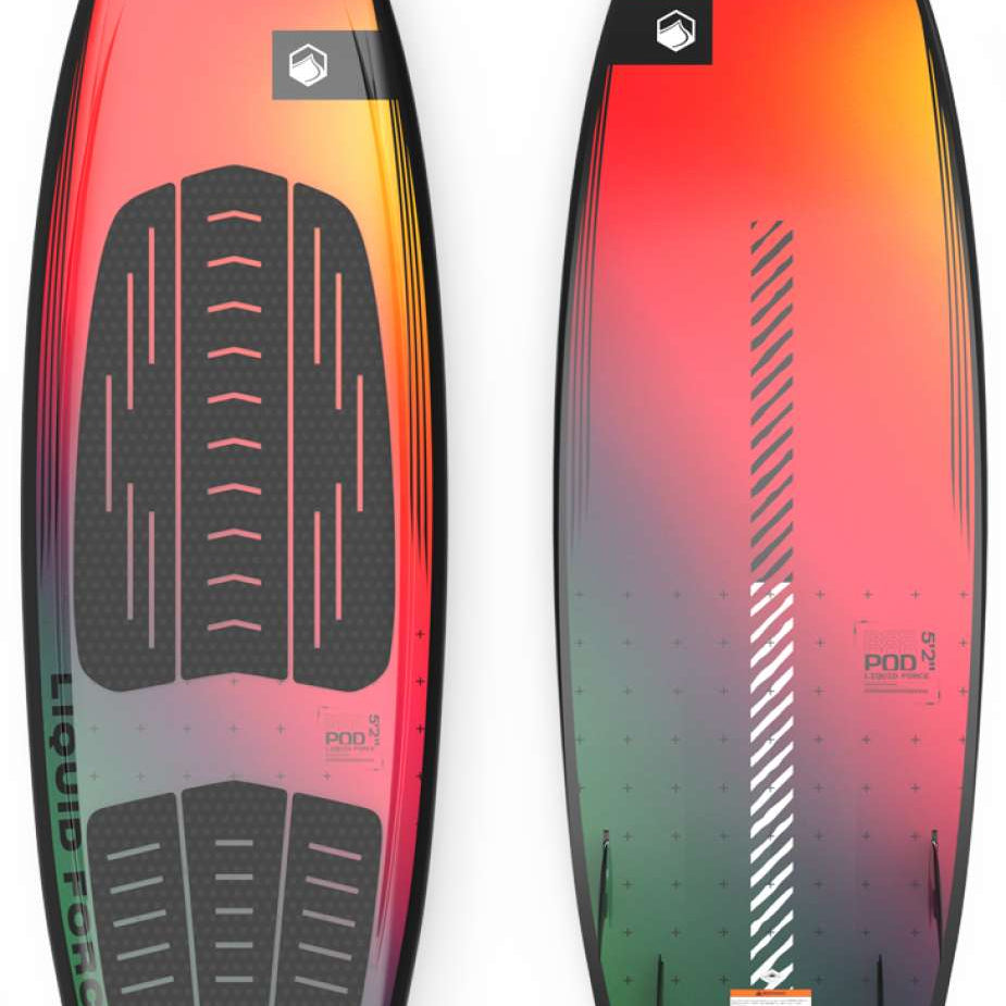 Liquid Force Pod Wakesurf Board 2023 - A wakesurf board with a black and gray patterned design on its deck.