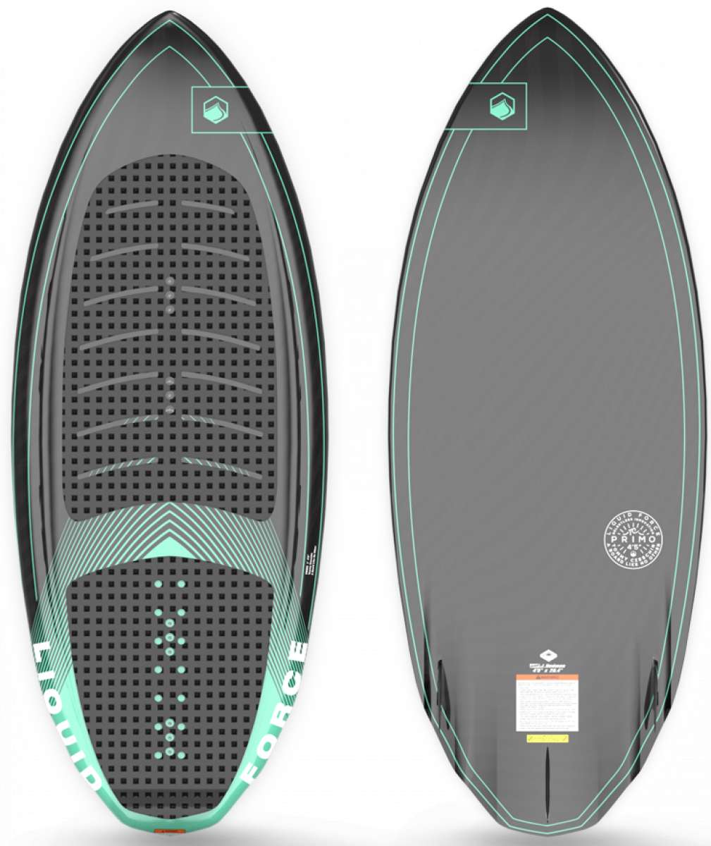 Liquid Force Primo W/Straps Wakesurf Board 2023 - A wakesurf board with a black base and light blue accents, featuring straps on top for rider support.