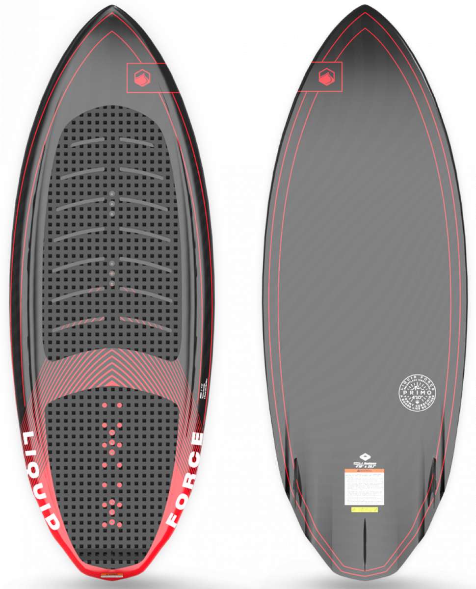 Liquid Force Primo W/Straps Wakesurf Board 2023 - A wakesurf board with red straps attached to it, featuring a black and white design on its top surface.