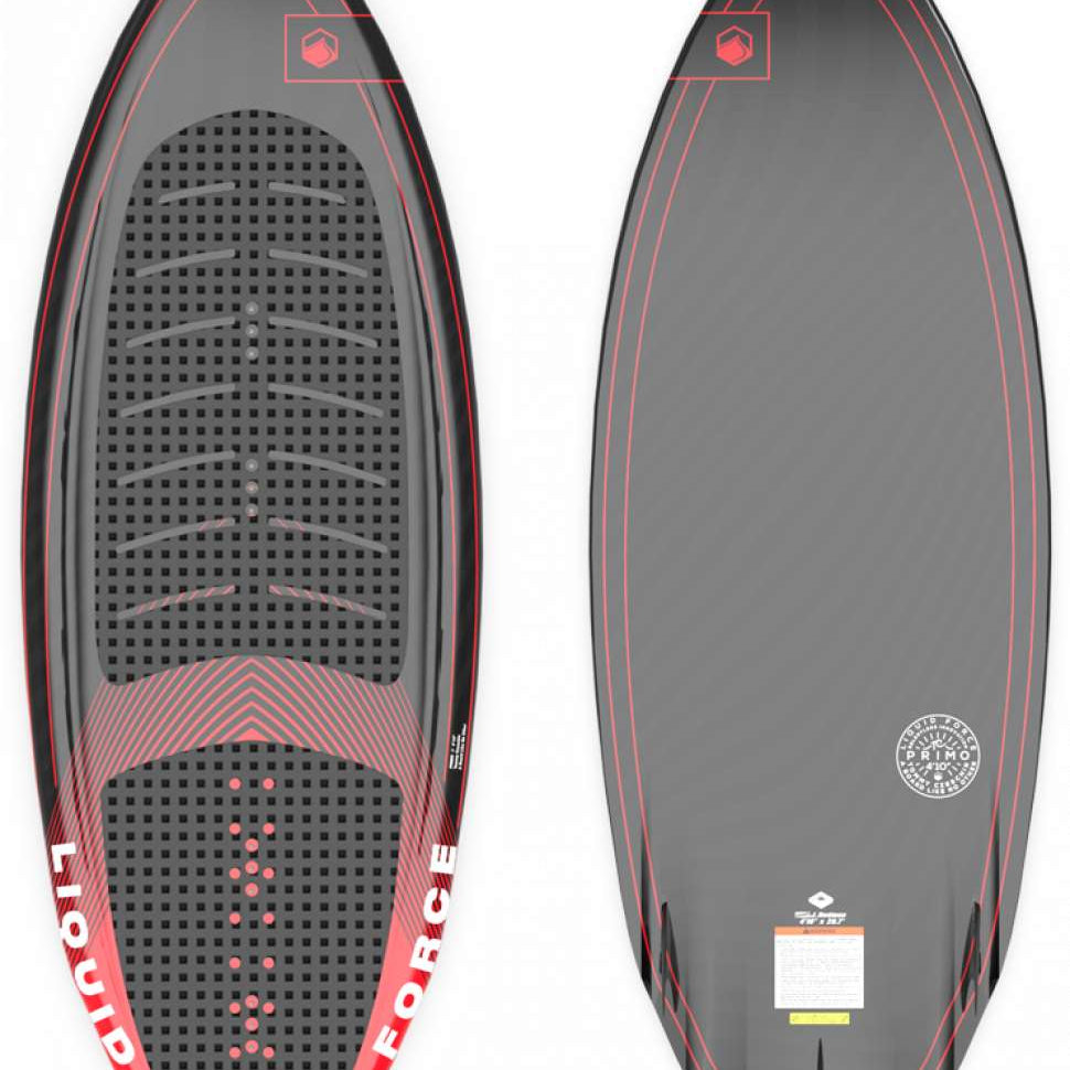 Liquid Force Primo W/Straps Wakesurf Board 2023 - A wakesurf board with red straps attached to it, featuring a black and white design on its top surface.
