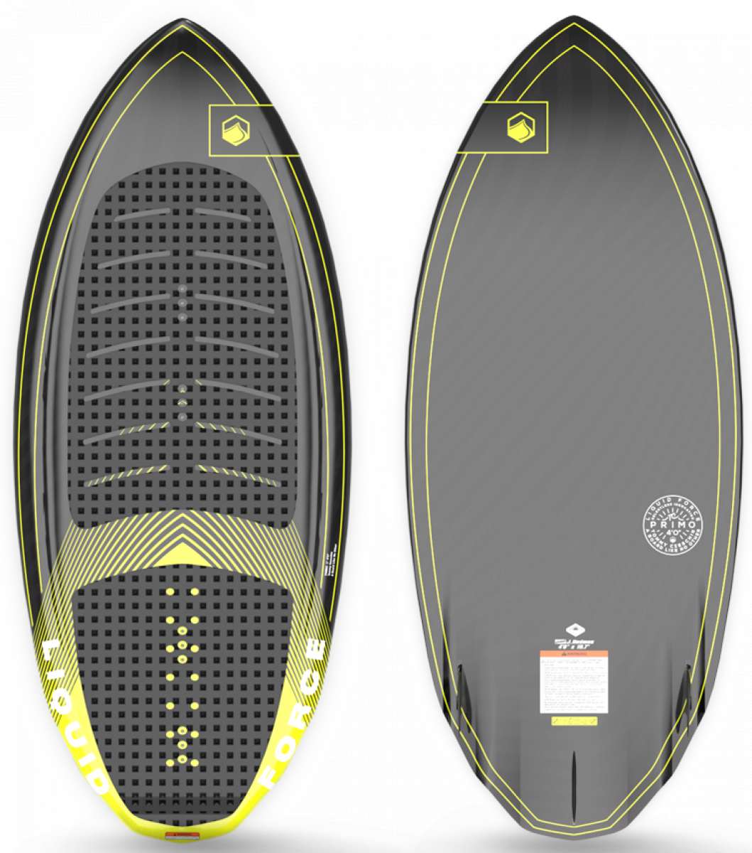 Liquid Force Primo W/ Straps Wakesurf Board 2023 - A wakesurf board with a black and yellow color scheme, featuring straps on top for rider support.