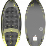 Liquid Force Primo W/ Straps Wakesurf Board 2023 - A wakesurf board with a black and yellow color scheme, featuring straps on top for rider support.