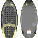 Liquid Force Primo W/ Straps Wakesurf Board 2023 - A wakesurf board with a black and yellow color scheme, featuring straps on top for rider support.