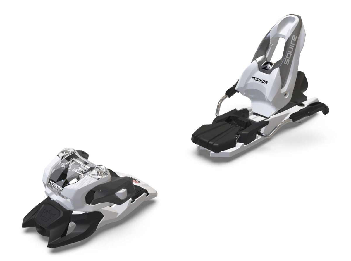 Marker Squire 10 Ski Bindings - White bindings with black plastic and metal hardware, featuring a transparent plastic cover over the adjustment knobs.