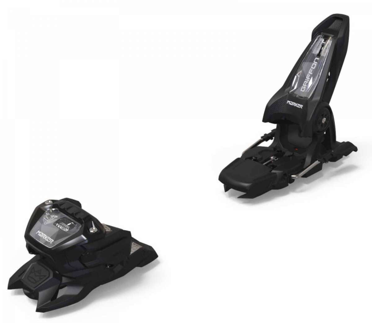Marker Griffon 13 ID Ski Bindings 2023 - Black bindings with silver hardware and a clear plastic cover on top.