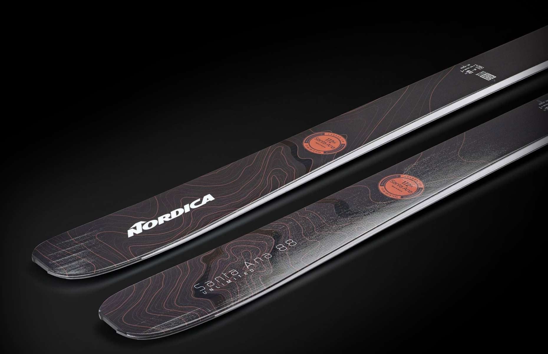 Nordica Ladies Santa Ana 88 Unlimited - 2022 ski model with a sleek black and silver design, featuring a subtle pattern of thin white lines on the top sheet.